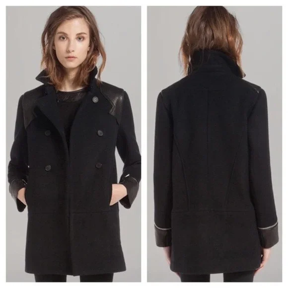 Maje Wool/Cashmere Leather Trim Coat